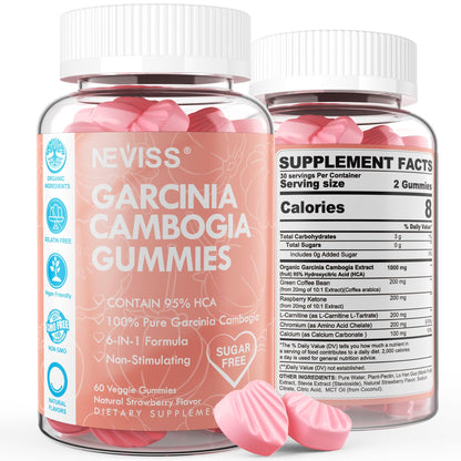 Sugar Free Garcinia Cambogia Gummies 1000mg – 95% HCA, Vegan, Strawberry, 60-Count