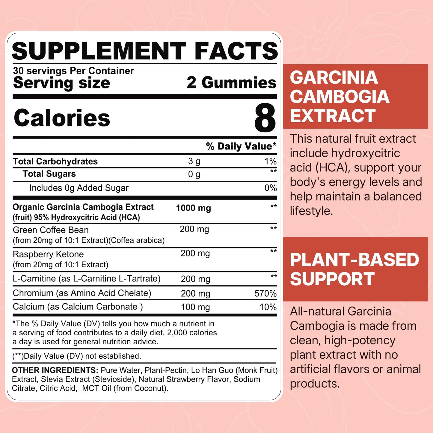 Sugar Free Garcinia Cambogia Gummies 1000mg – 95% HCA, Vegan, Strawberry, 60-Count