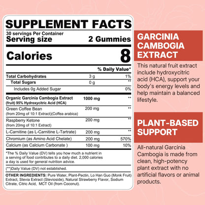 Sugar Free Garcinia Cambogia Gummies 1000mg – 95% HCA, Vegan, Strawberry, 60-Count