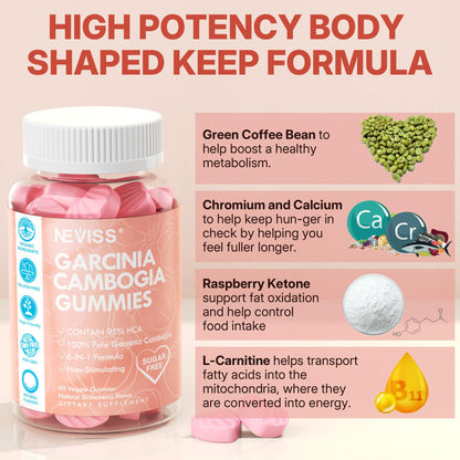 Sugar Free Garcinia Cambogia Gummies 1000mg – 95% HCA, Vegan, Strawberry, 60-Count