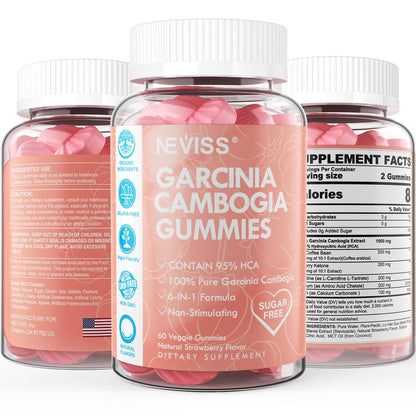 Sugar Free Garcinia Cambogia Gummies 1000mg – 95% HCA, Vegan, Strawberry, 60-Count