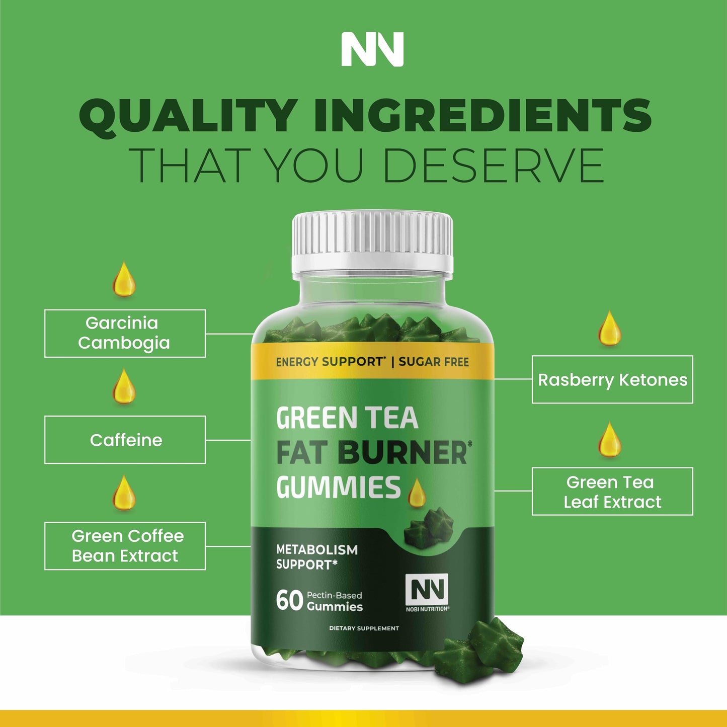 Green Tea Fat Burner Gummies for Weight Loss – Metabolism Boost & Appetite Support | 60 Count