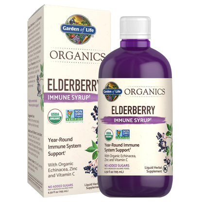 Garden of Life Organics Elderberry Immune Syrup – Sugar Free, 6.59 floz (195 mL) for Kids & Adults