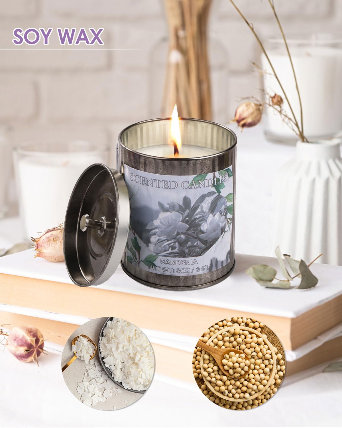 Gardenia Scented Soy Candle 8oz – 50 Hours Burn Time | Home Aromatherapy Gift