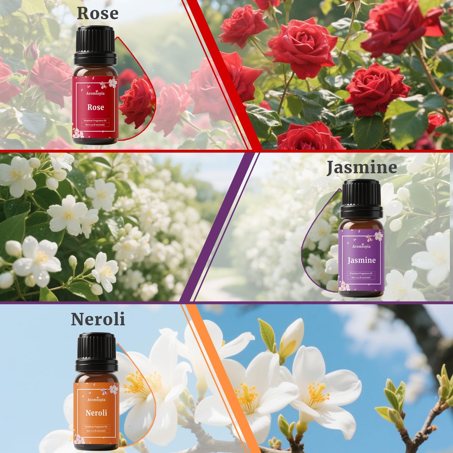 Floral Fragrance Oils 6x10ml – Aromtopia (Lavender, Rose, Gardenia, Neroli, Jasmine, Cherry Blossom)