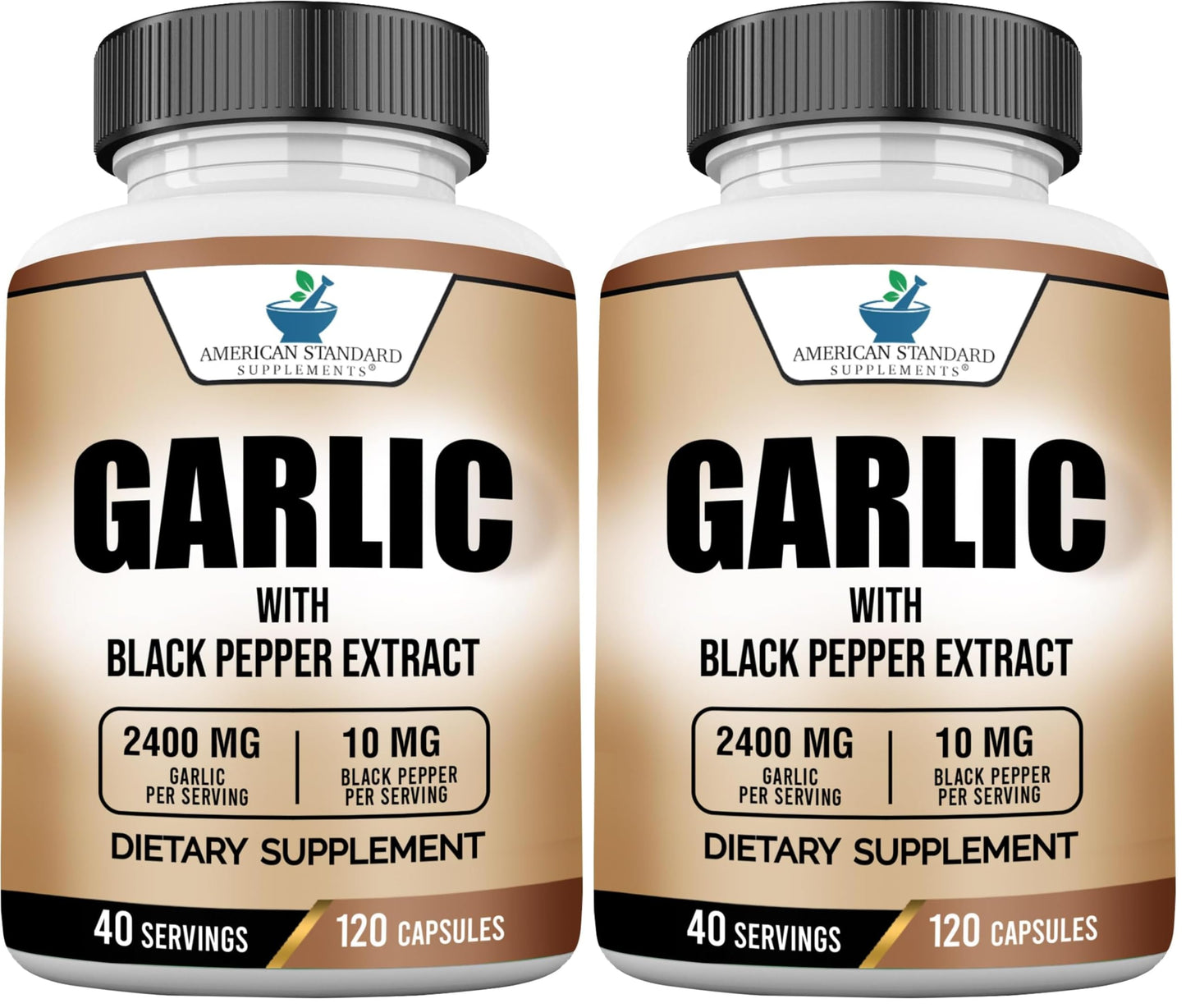 American Standard Garlic 2400mg per Serving with Black Pepper – 120 Capsules (Pack of 2) | Vegan, Gluten Free