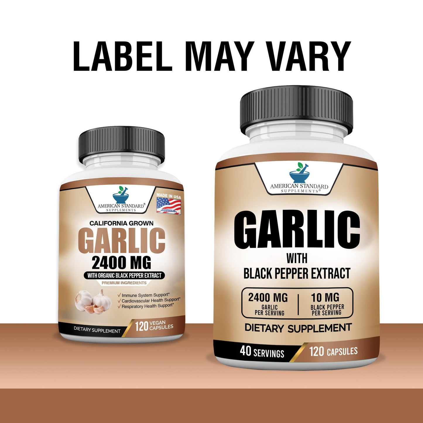 American Standard Garlic 2400mg per Serving with Black Pepper – 120 Capsules (Pack of 2) | Vegan, Gluten Free