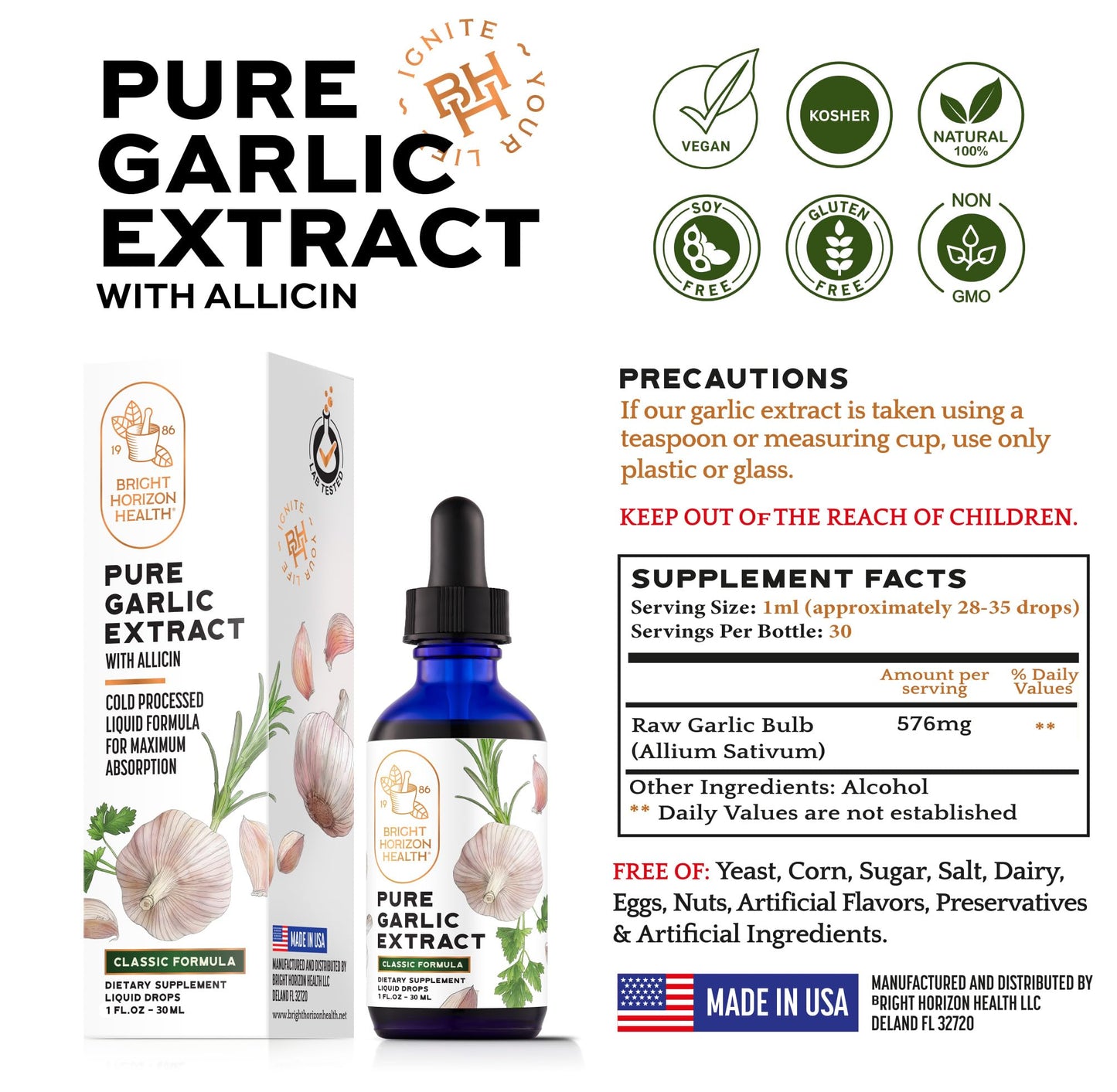 Bright Horizon Health Garlic Extract with Allicin - 1 fl oz Dropper, Vegan, Non-GMO