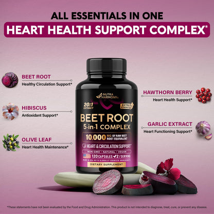 Beet Root Capsules - Heart Health & Blood Pressure Support | Hawthorn Berry, Hibiscus & Garlic - USA Made, 120 Capsules