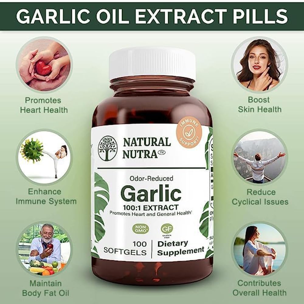Natural Nutra Odorless Garlic Oil 500mg – 100 Softgels | Heart, Immune & Skin Health