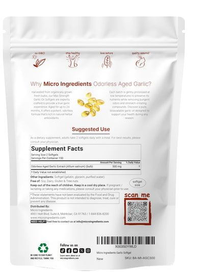 Micro Ingredients Odorless Garlic Softgels, 300 Count | 2-Year Aged Garlic Extract