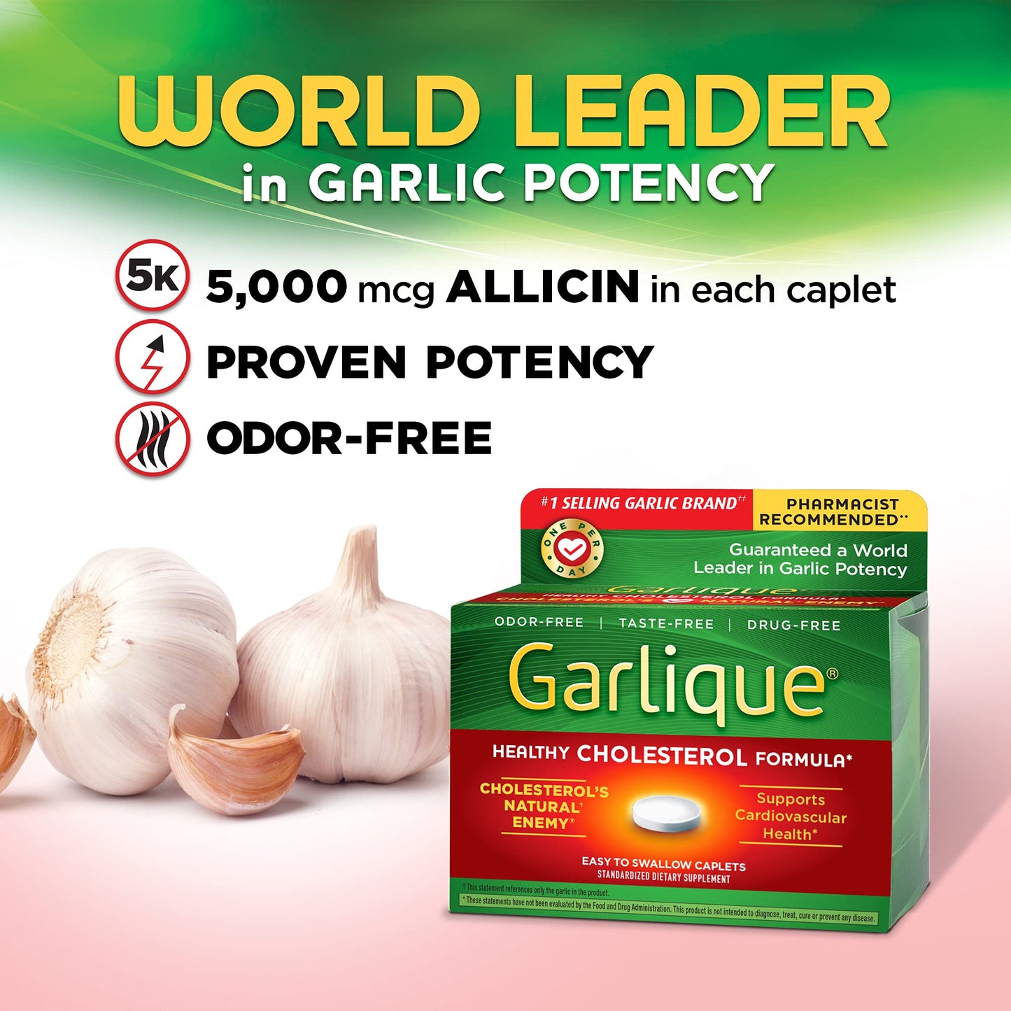 Garlique Cardiovascular Dietary Supplement Green 30 Count | Allicin 5,000mcg per Caplet