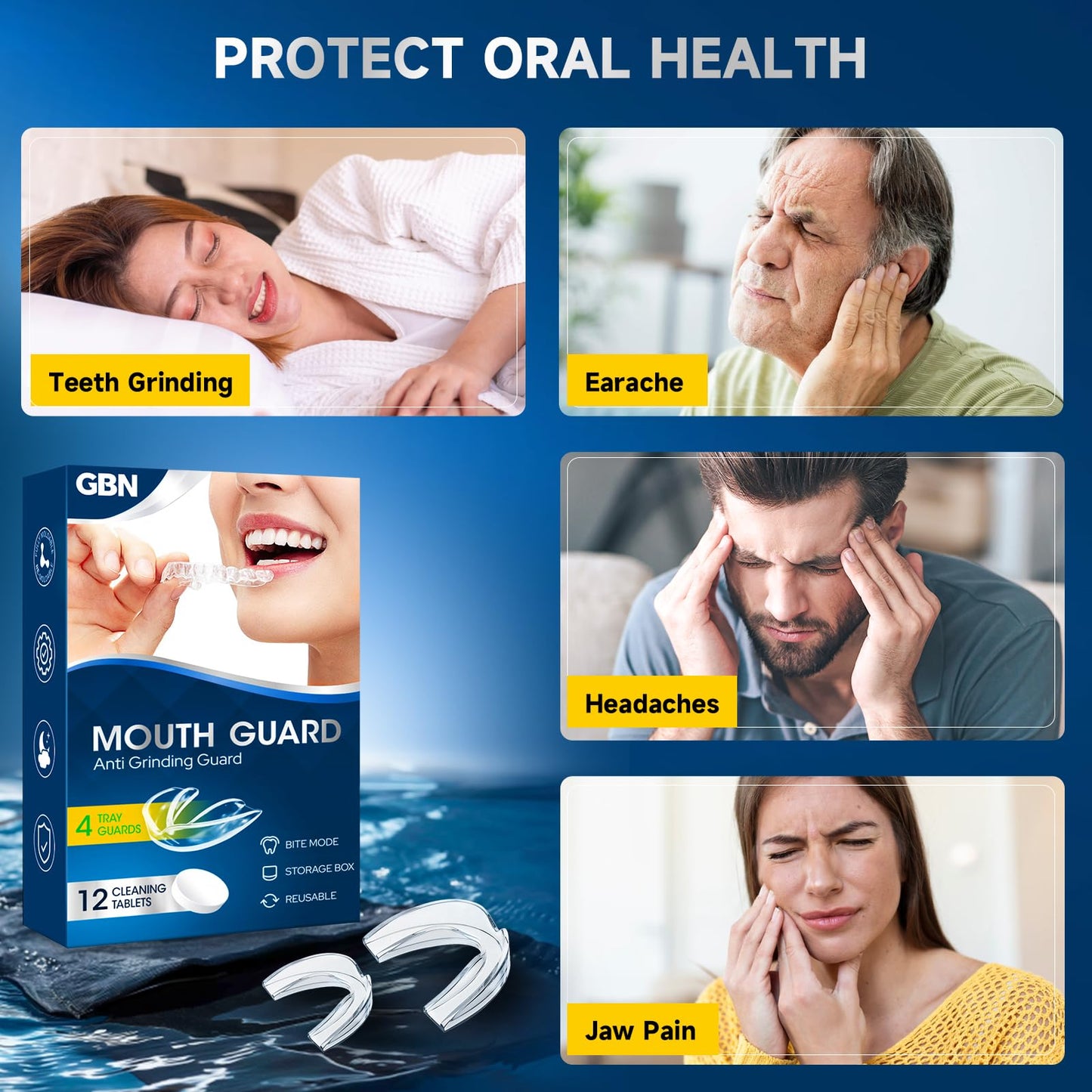 GBN Mouth Guard for Grinding Teeth at Night – Custom Fit Night Guard (2 Sizes) + 12 Cleaning Tablets