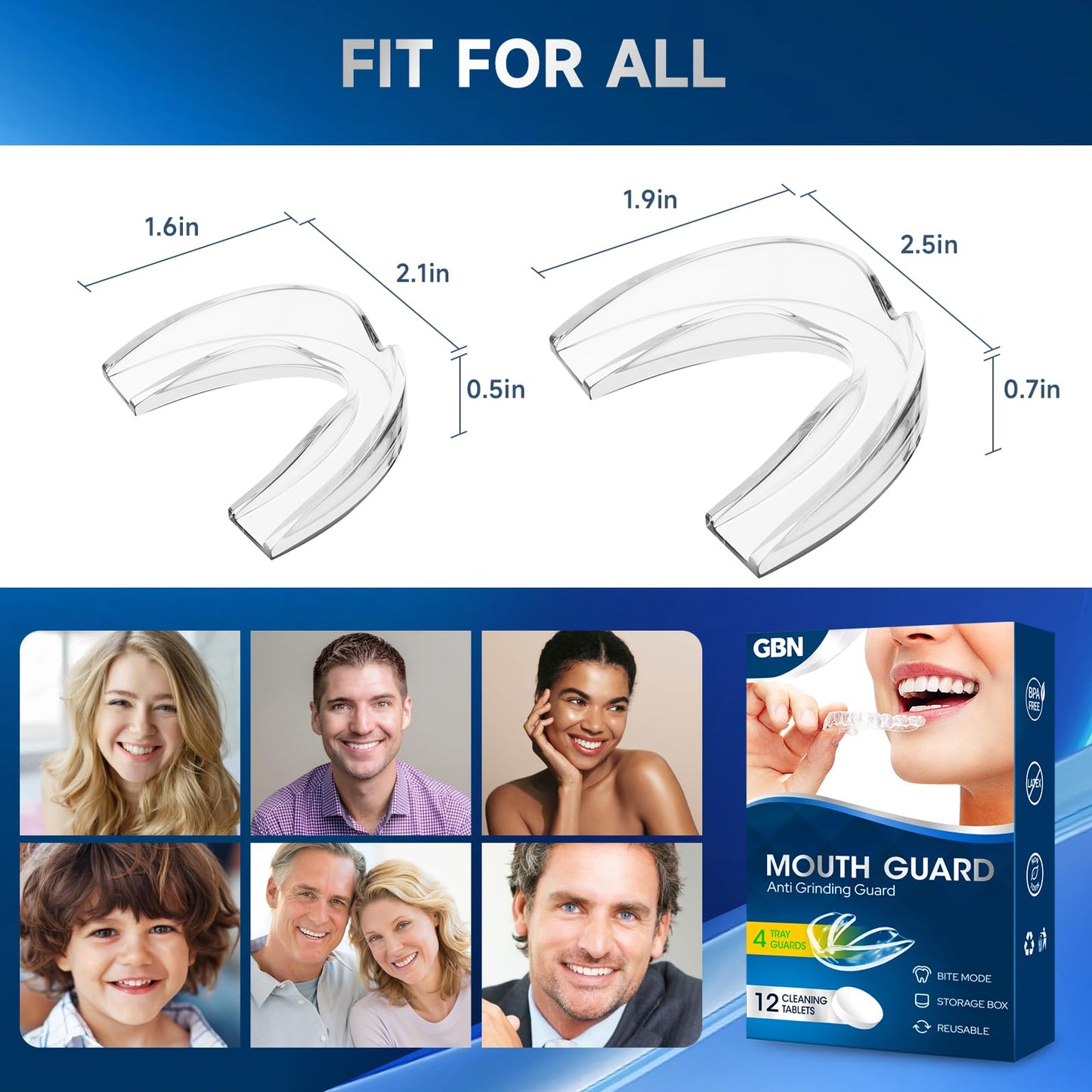 GBN Mouth Guard for Grinding Teeth at Night – Custom Fit Night Guard (2 Sizes) + 12 Cleaning Tablets