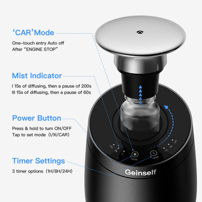 Geinself Waterless Car Diffuser – Rechargeable, Auto On/Off, 3 Mist Levels, 4 Timers, Aluminum (Black)