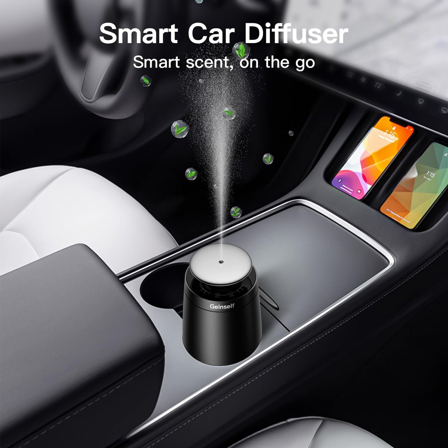 Geinself Waterless Car Diffuser – Rechargeable, Auto On/Off, 3 Mist Levels, 4 Timers, Aluminum (Black)