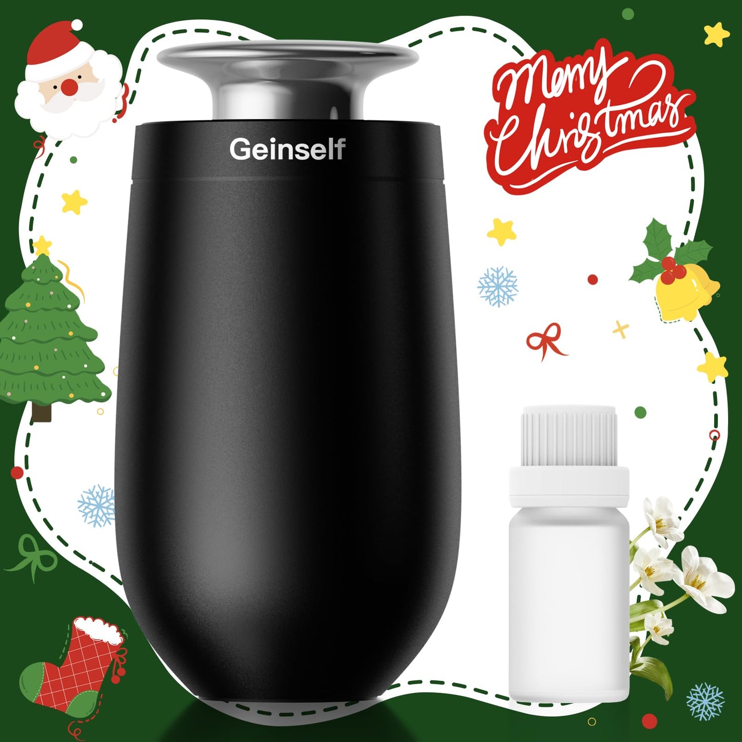 Geinself Waterless Car Diffuser – Rechargeable, Auto On/Off, 3 Mist Levels, 4 Timers, Aluminum (Black)