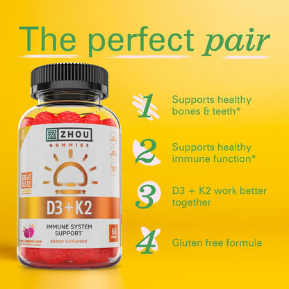 Zhou D3+K2 Gummies – Vitamin D3 & K2 for Immune, Bone & Heart Health | Gelatin-Free, 60 Veggie Gummies (5000 IU D3 + MK-7)