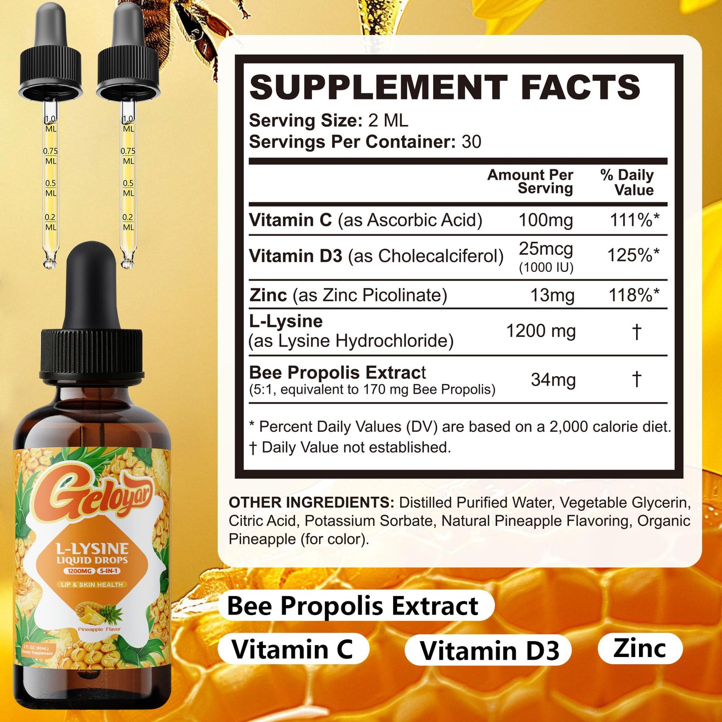 Geloyar L-Lysine Liquid Drops – 1200mg Lysine for Cold Sore, Lip Health & Immune Support | Vegan, 2 fl oz