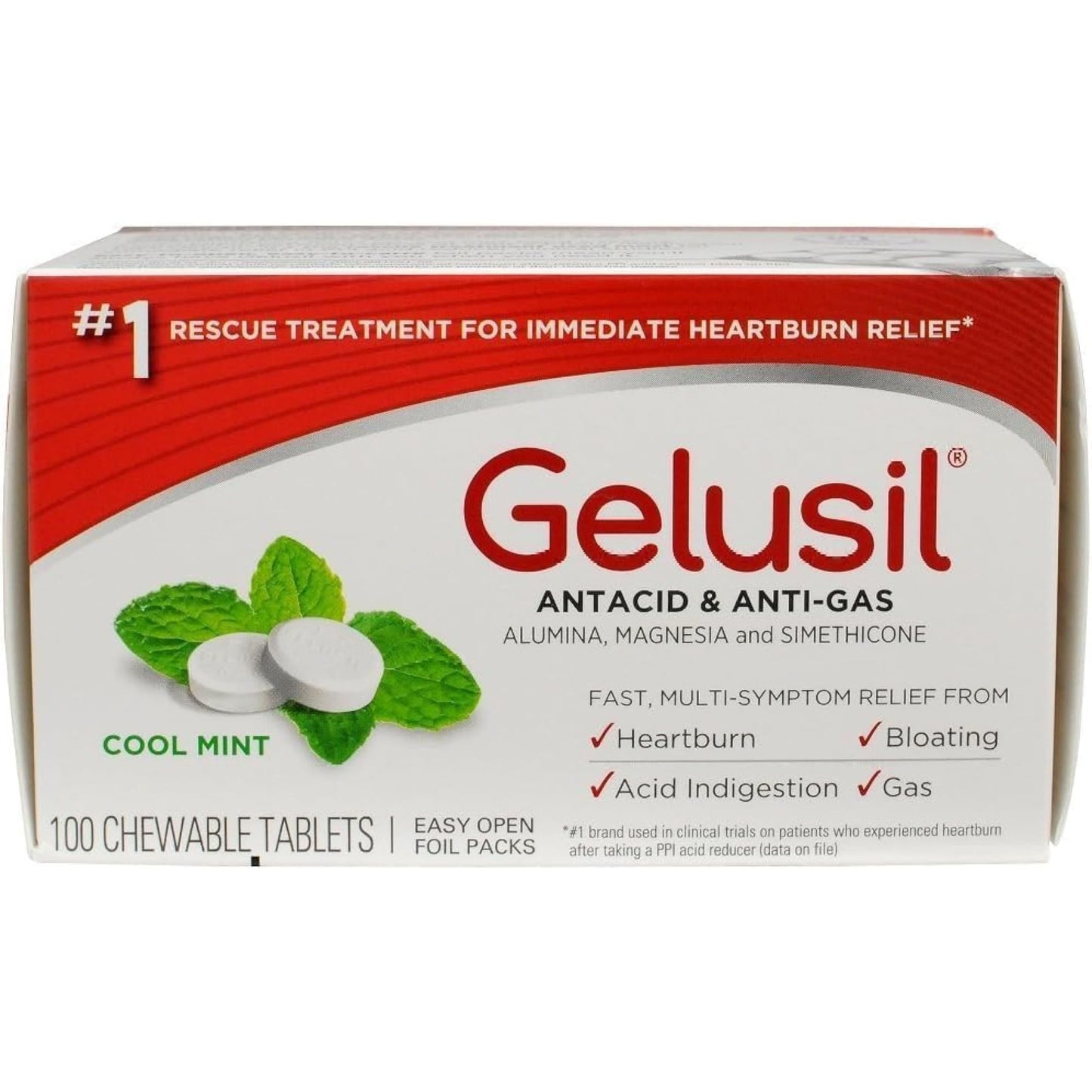 Gelusil Antacid & Anti-Gas Tablets | Heartburn Relief, Gas & Bloating | Cool Mint 100ct