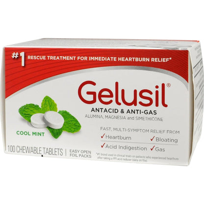 Gelusil Antacid & Anti-Gas Tablets | Heartburn Relief, Gas & Bloating | Cool Mint 100ct