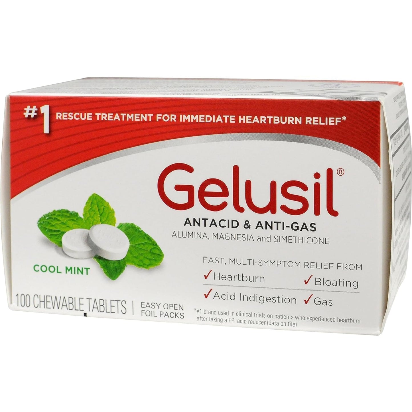 Gelusil Antacid & Anti-Gas Tablets | Heartburn Relief, Gas & Bloating | Cool Mint 100ct