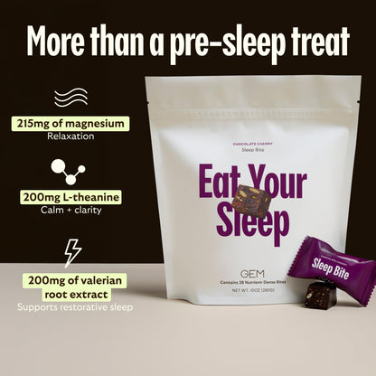 GEM Sleep Aid, Nighttime Bite, 7 Pack, Melatonin Free, L-Theanine, Magnesium, Valerian Root Extract | Vegan and Gluten Free | Earthy Chocolate Cherry, Trial Size