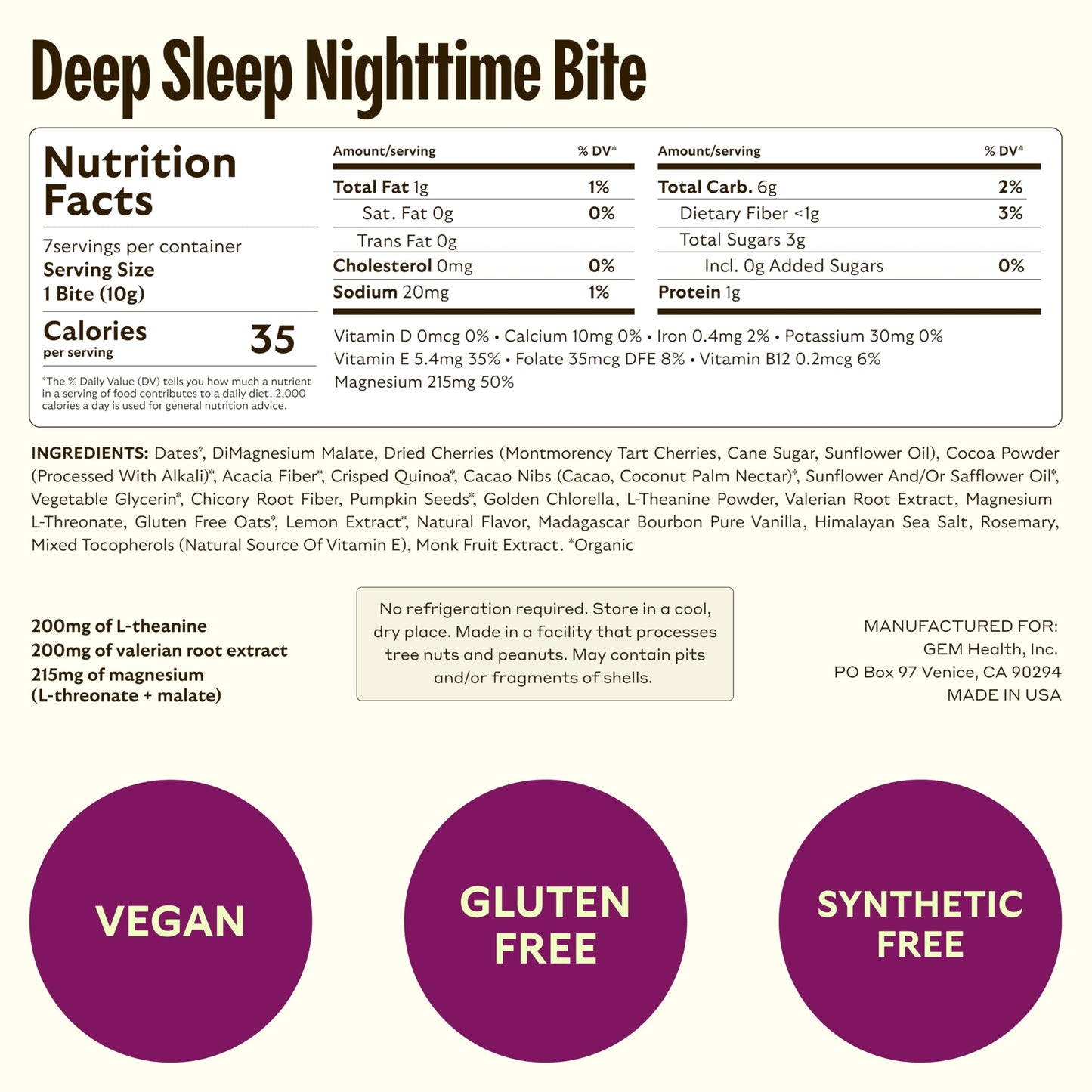 GEM Sleep Aid, Nighttime Bite, 7 Pack, Melatonin Free, L-Theanine, Magnesium, Valerian Root Extract | Vegan and Gluten Free | Earthy Chocolate Cherry, Trial Size