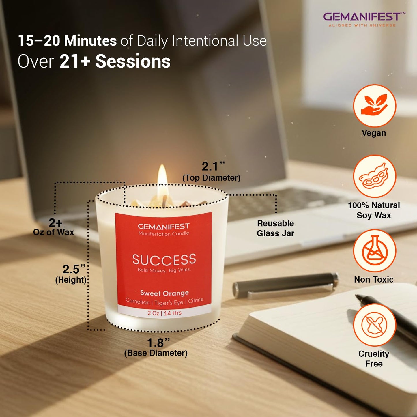 Gemanifest Success Manifestation Crystal Candle with Tiger's Eye Bracelet – Orange Scented Soy Wax for Career, Exams & Interviews