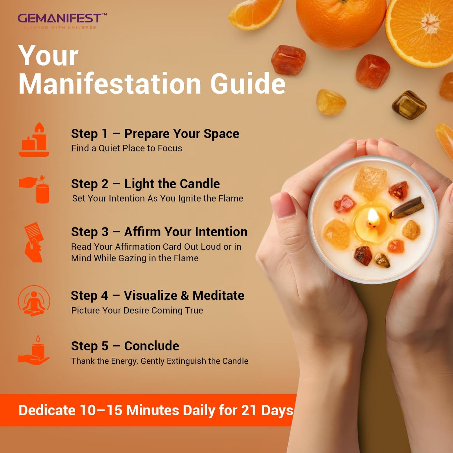 Gemanifest Success Manifestation Crystal Candle with Tiger's Eye Bracelet – Orange Scented Soy Wax for Career, Exams & Interviews