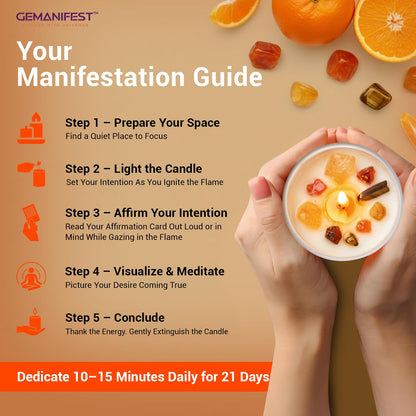 Gemanifest Success Manifestation Crystal Candle with Tiger's Eye Bracelet – Orange Scented Soy Wax for Career, Exams & Interviews