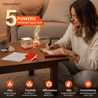 Gemanifest Success Manifestation Crystal Candle with Tiger's Eye Bracelet – Orange Scented Soy Wax for Career, Exams & Interviews