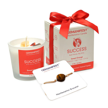 Gemanifest Success Manifestation Crystal Candle with Tiger's Eye Bracelet – Orange Scented Soy Wax for Career, Exams & Interviews