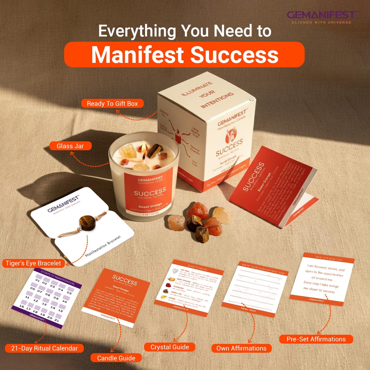 Gemanifest Success Manifestation Crystal Candle with Tiger's Eye Bracelet – Orange Scented Soy Wax for Career, Exams & Interviews