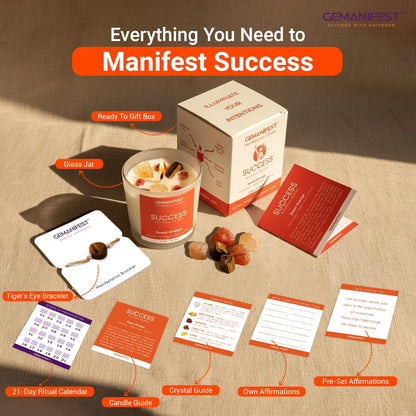 Gemanifest Success Manifestation Crystal Candle with Tiger's Eye Bracelet – Orange Scented Soy Wax for Career, Exams & Interviews