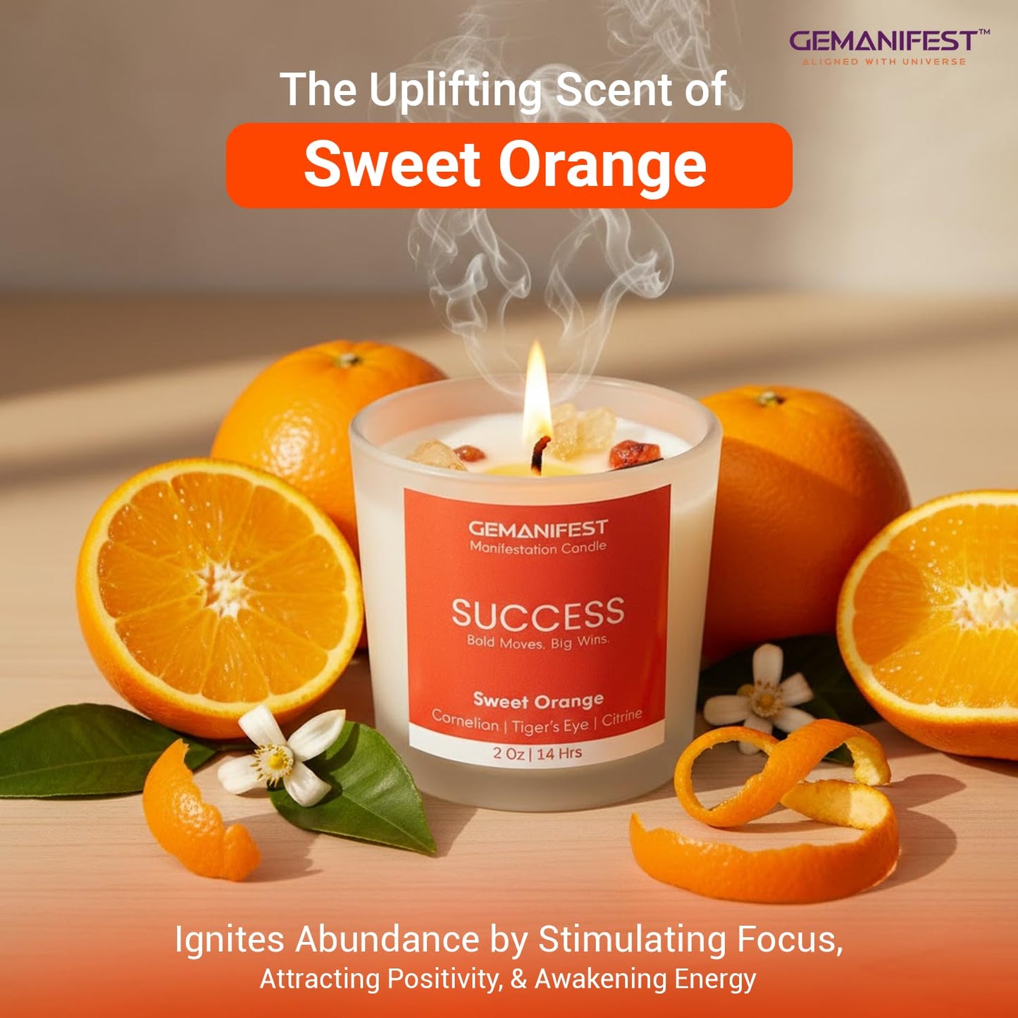 Gemanifest Success Manifestation Crystal Candle with Tiger's Eye Bracelet – Orange Scented Soy Wax for Career, Exams & Interviews
