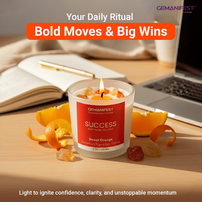 Gemanifest Success Manifestation Crystal Candle with Tiger's Eye Bracelet – Orange Scented Soy Wax for Career, Exams & Interviews