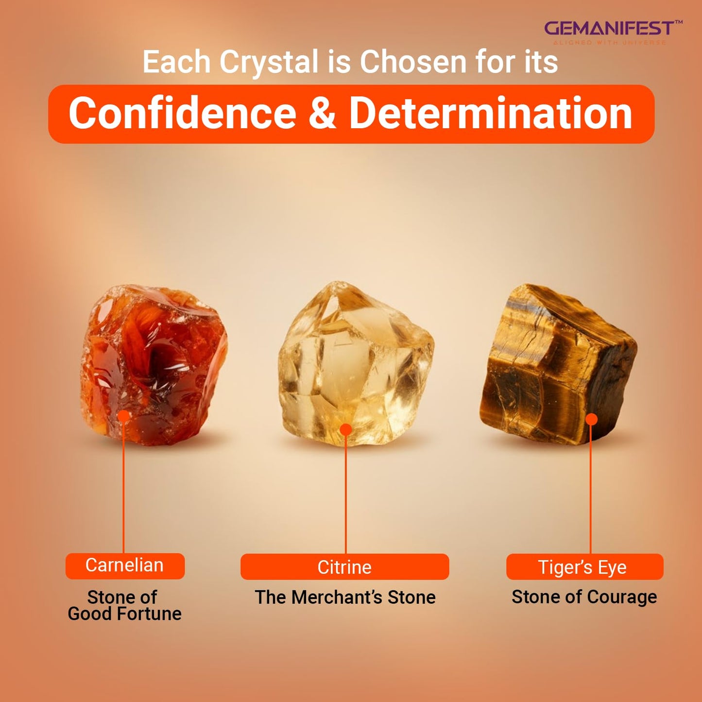 Gemanifest Success Manifestation Crystal Candle with Tiger's Eye Bracelet – Orange Scented Soy Wax for Career, Exams & Interviews