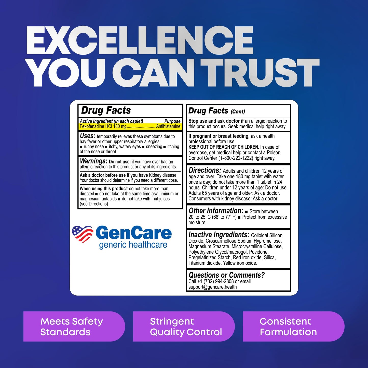 GenCare - Allergy Relief Pills | Fexofenadine HCl 180mg 150 Tablets | Non Drowsy Antihistamine Allergy Pills for Hay Fever, Seasonal Allergies, Outdoor & Indoor Allergies | Relieves Itchy Eyes & Nose