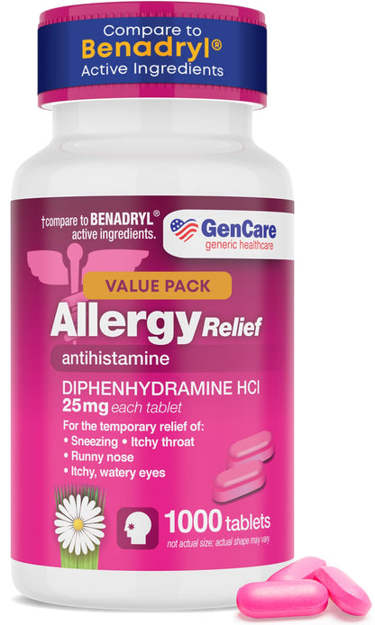 GenCare Allergy Relief Medicine – Bulk 1000 Count | Diphenhydramine 25mg for Adults