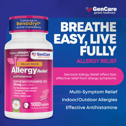 GenCare Allergy Relief Medicine – Bulk 1000 Count | Diphenhydramine 25mg for Adults