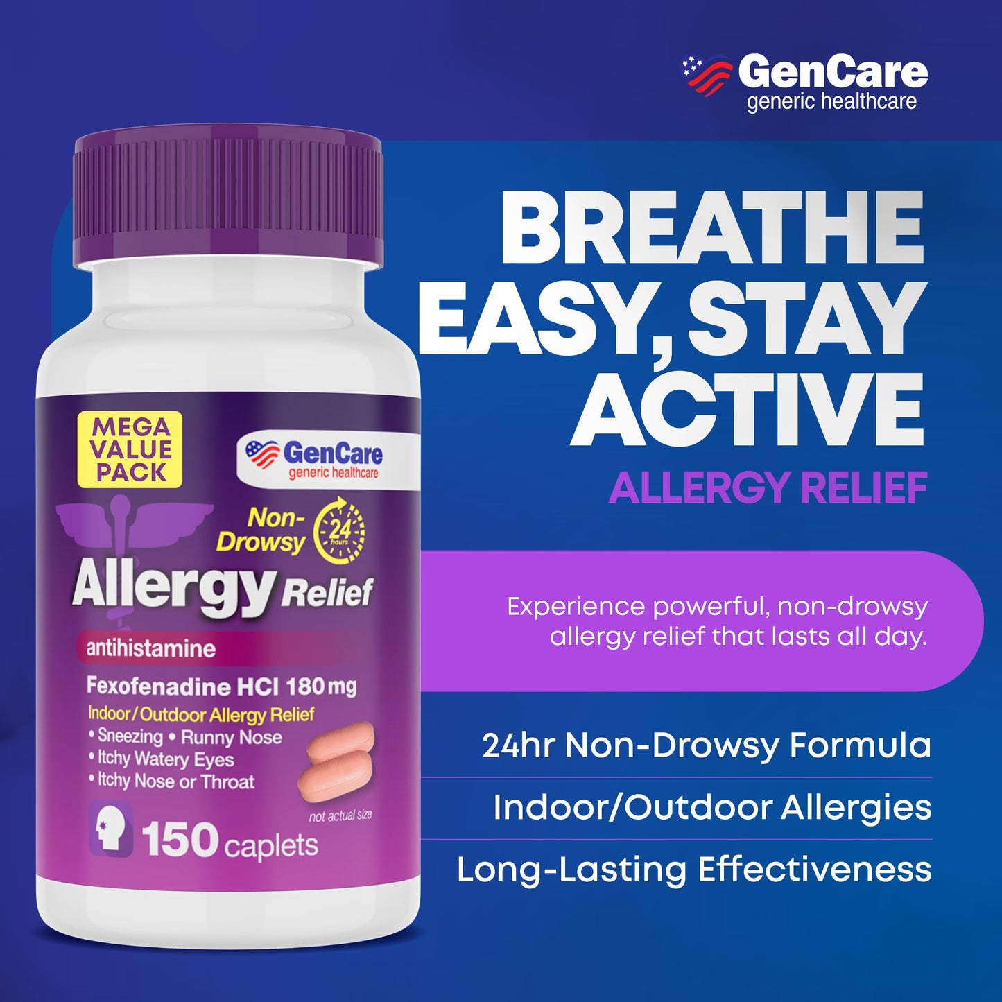 GenCare - Allergy Relief Pills | Fexofenadine HCl 180mg 150 Tablets | Non Drowsy Antihistamine Allergy Pills for Hay Fever, Seasonal Allergies, Outdoor & Indoor Allergies | Relieves Itchy Eyes & Nose