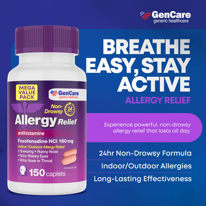 GenCare - Allergy Relief Pills | Fexofenadine HCl 180mg 150 Tablets | Non Drowsy Antihistamine Allergy Pills for Hay Fever, Seasonal Allergies, Outdoor & Indoor Allergies | Relieves Itchy Eyes & Nose