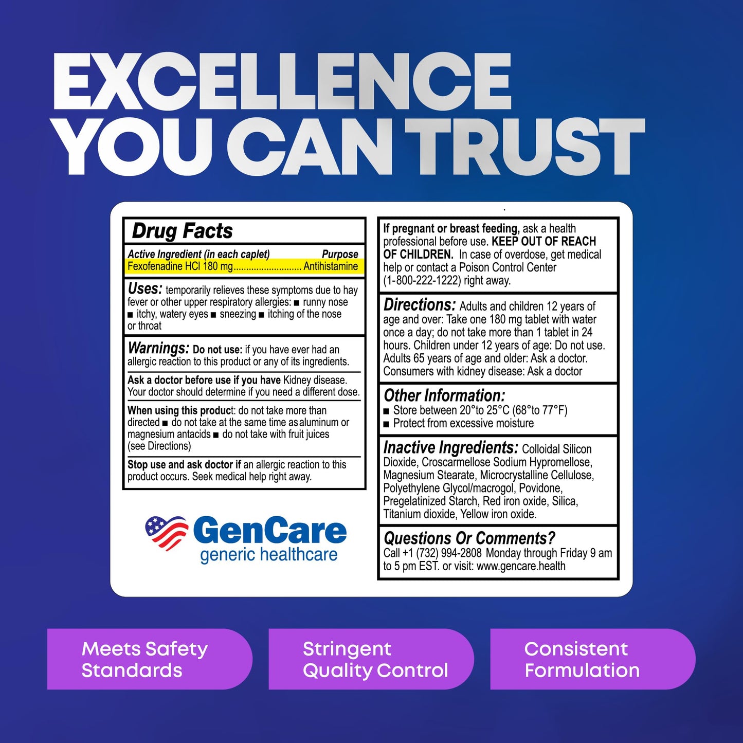 GenCare Allergy Relief Pills | Fexofenadine HCl 180 mg – 50 Tablets | Non-Drowsy 24-Hour Hay Fever Relief
