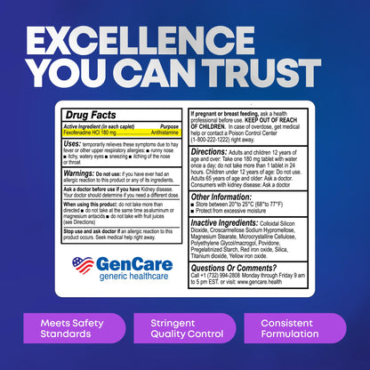 GenCare Allergy Relief Pills | Fexofenadine HCl 180 mg – 50 Tablets | Non-Drowsy 24-Hour Hay Fever Relief