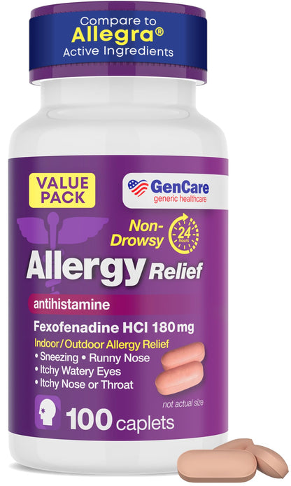 GenCare Allergy Relief Pills – Fexofenadine 180mg, 24-Hour Non-Drowsy (100 Count)