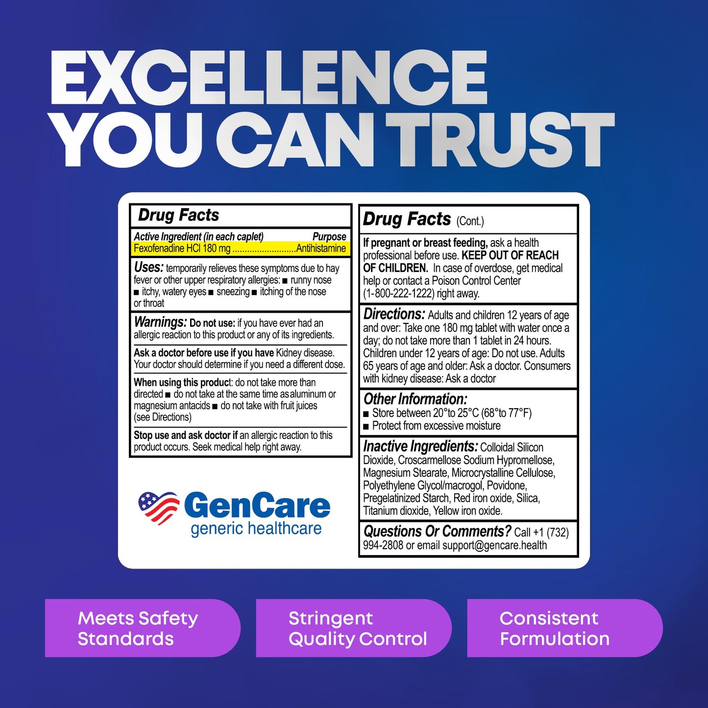 GenCare Allergy Relief Pills – Fexofenadine 180mg, 24-Hour Non-Drowsy (100 Count)