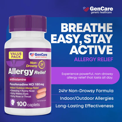 GenCare Allergy Relief Pills – Fexofenadine 180mg, 24-Hour Non-Drowsy (100 Count)
