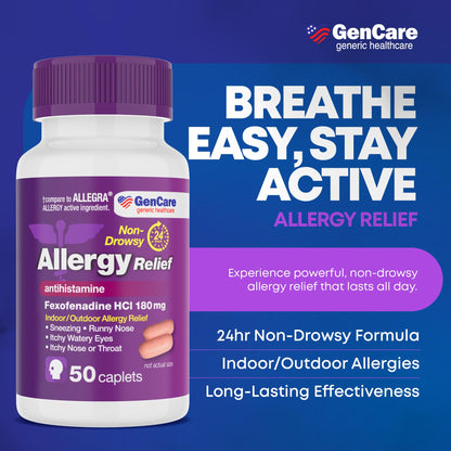 GenCare Allergy Relief Pills | Fexofenadine HCl 180 mg – 50 Tablets | Non-Drowsy 24-Hour Hay Fever Relief