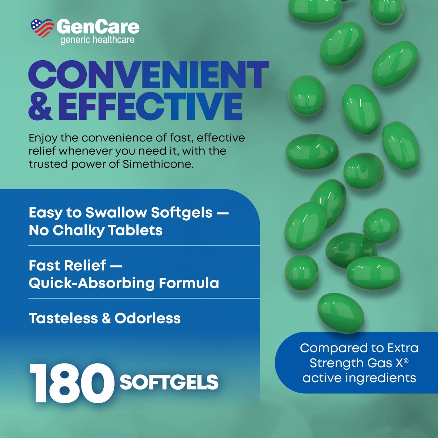 GenCare Extra Strength Gas Relief 125mg – 180 Softgels | Fast Bloating Relief (Compare to Gas X)